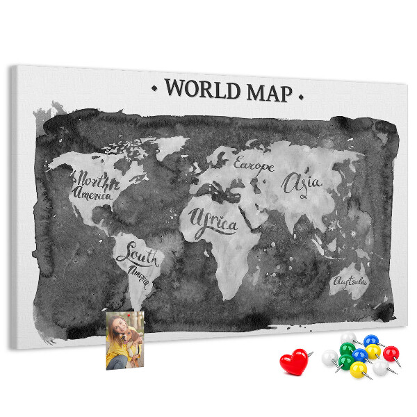 Tableau affichage liège Carte du monde en nuances de gris