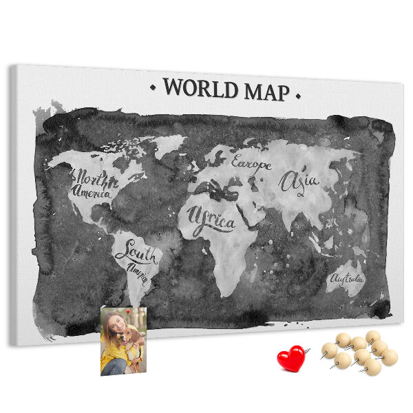 Tableau affichage liège Carte du monde en nuances de gris