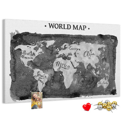 Tableau affichage liège Carte du monde en nuances de gris