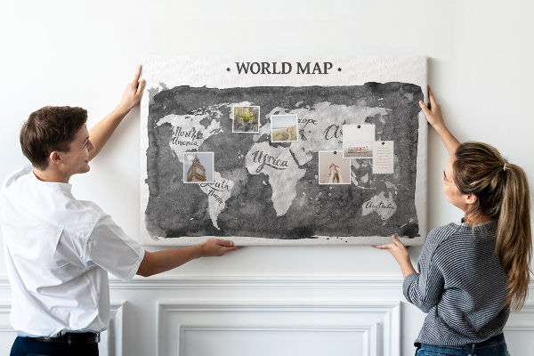 Tableau affichage liège Carte du monde en nuances de gris