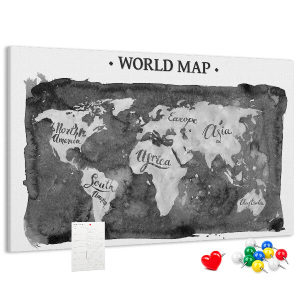 Tableau affichage liège Carte du monde en nuances de gris