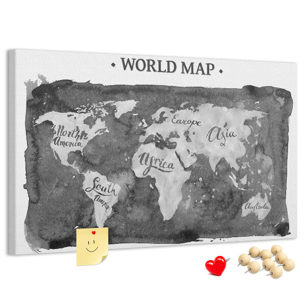 Tableau affichage liège Carte du monde en nuances de gris