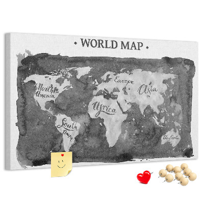 Tableau affichage liège Carte du monde en nuances de gris