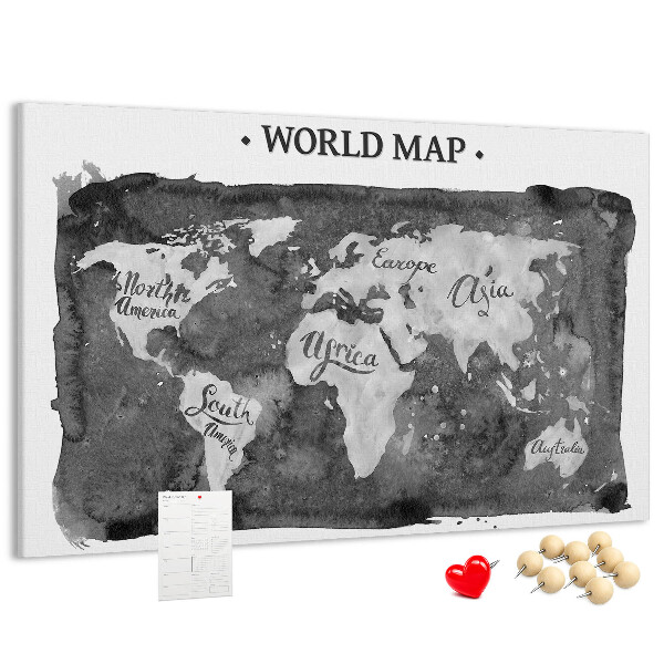 Tableau affichage liège Carte du monde en nuances de gris