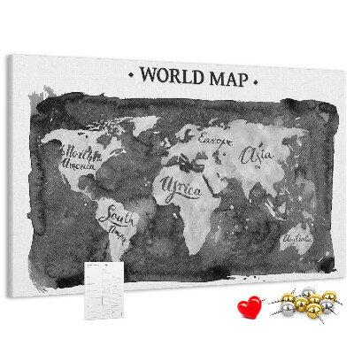 Tableau affichage liège Carte du monde en nuances de gris