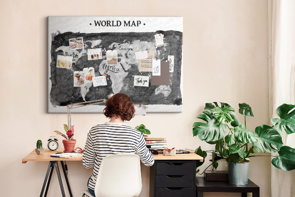 Tableau affichage liège Carte du monde en nuances de gris