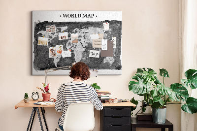 Tableau affichage liège Carte du monde en nuances de gris