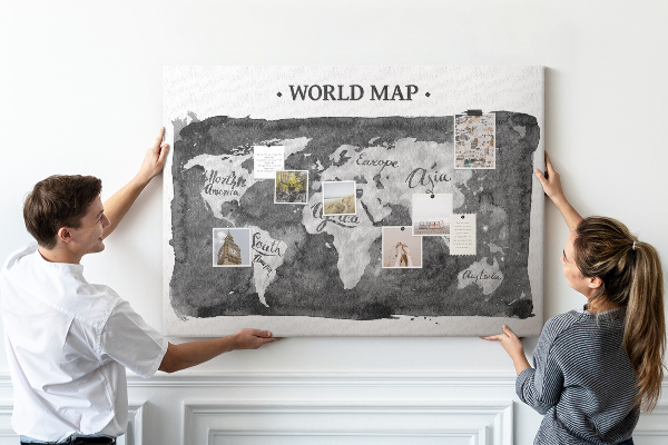 Tableau affichage liège Carte du monde en nuances de gris