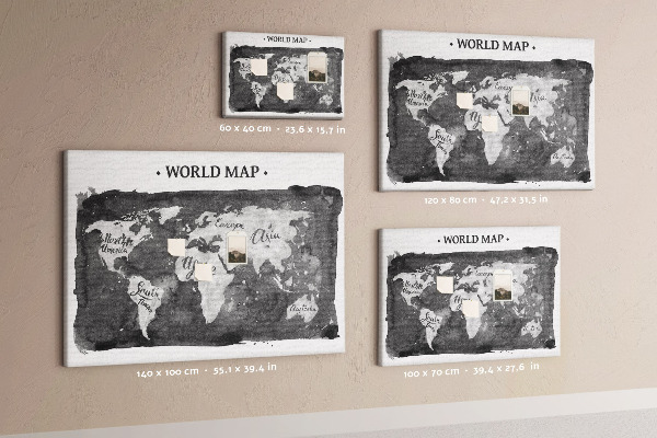 Tableau affichage liège Carte du monde en nuances de gris