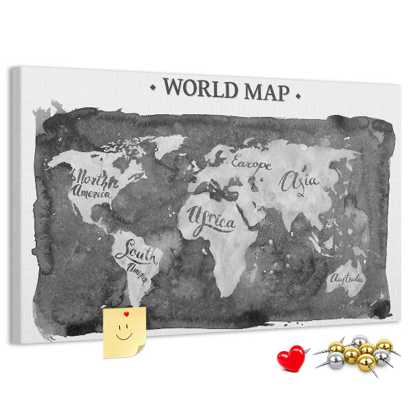 Tableau affichage liège Carte du monde en nuances de gris