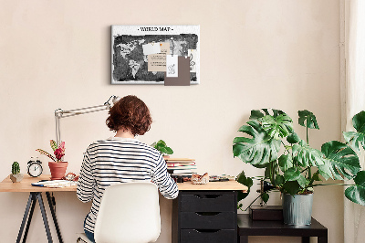 Tableau affichage liège Carte du monde en nuances de gris