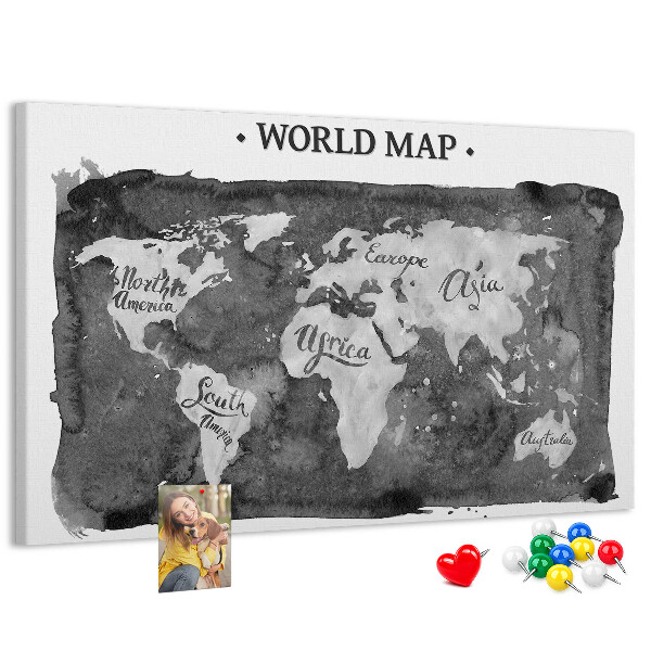 Tableau affichage liège Carte du monde en nuances de gris