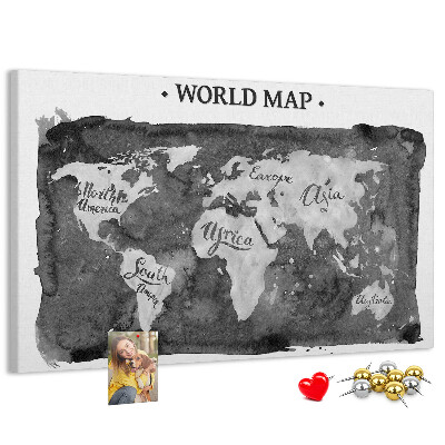Tableau affichage liège Carte du monde en nuances de gris