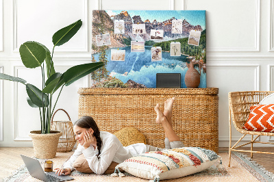 Tableau affichage liège Le paysage montagneux se reflète dans le lac