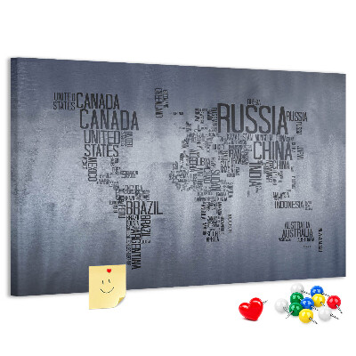Tableau en liège Carte du monde avec les noms des pays.