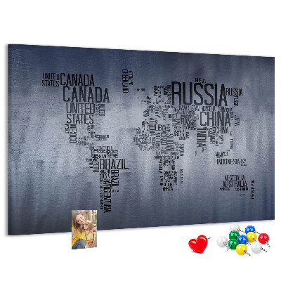 Tableau en liège Carte du monde avec les noms des pays.