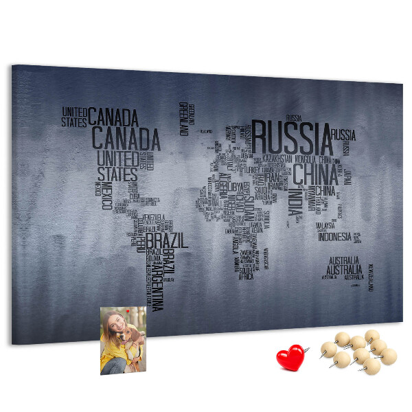 Tableau en liège Carte du monde avec les noms des pays.