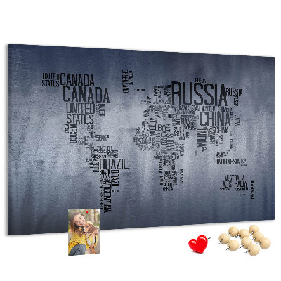 Tableau en liège Carte du monde avec les noms des pays.