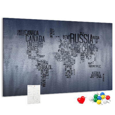 Tableau en liège Carte du monde avec les noms des pays.