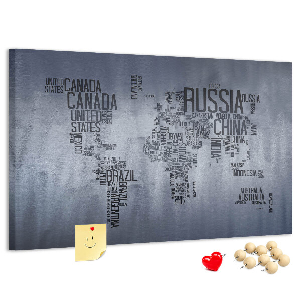 Tableau en liège Carte du monde avec les noms des pays.