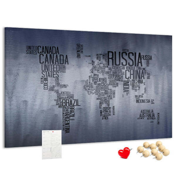 Tableau en liège Carte du monde avec les noms des pays.