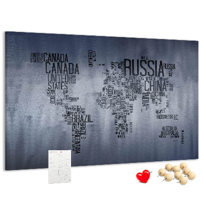 Tableau en liège Carte du monde avec les noms des pays.