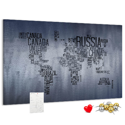 Tableau en liège Carte du monde avec les noms des pays.