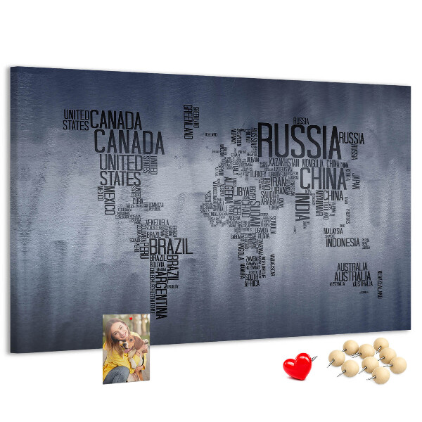 Tableau en liège Carte du monde avec les noms des pays.