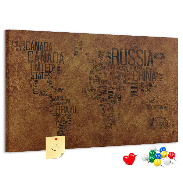 Tableau affichage liège Carte du monde avec les noms des pays.