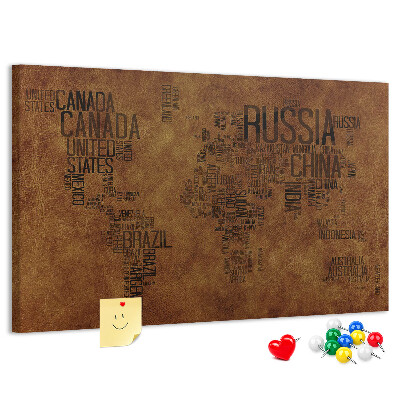 Tableau affichage liège Carte du monde avec les noms des pays.