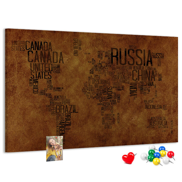 Tableau affichage liège Carte du monde avec les noms des pays.