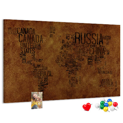 Tableau affichage liège Carte du monde avec les noms des pays.