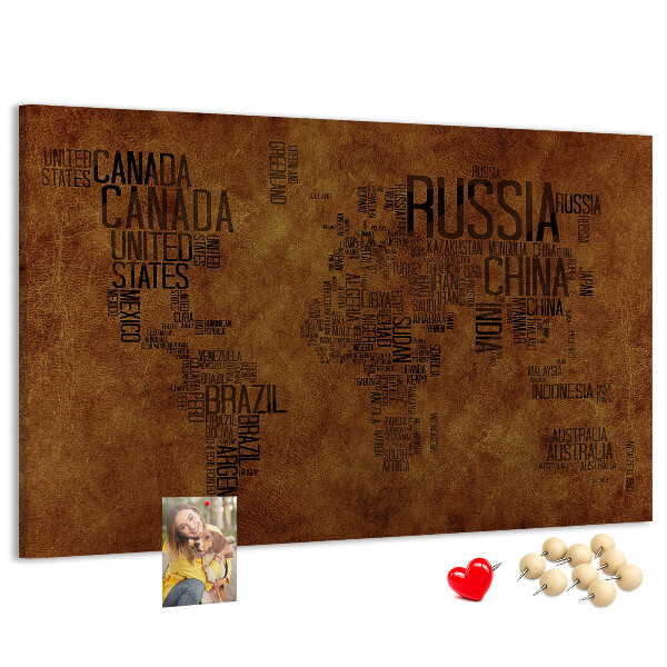 Tableau affichage liège Carte du monde avec les noms des pays.