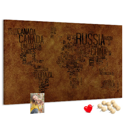 Tableau affichage liège Carte du monde avec les noms des pays.
