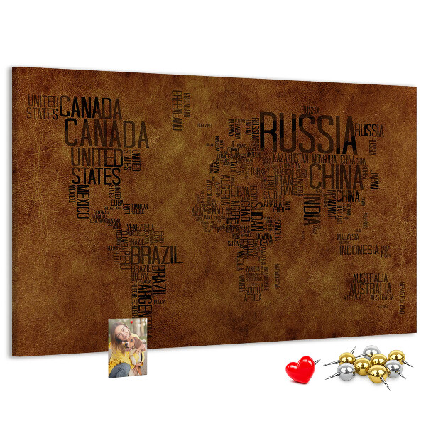 Tableau affichage liège Carte du monde avec les noms des pays.