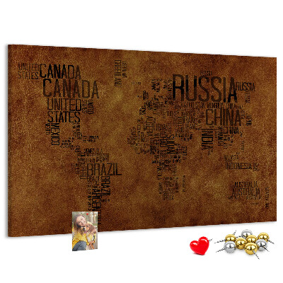 Tableau affichage liège Carte du monde avec les noms des pays.