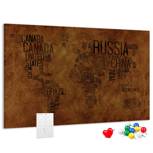 Tableau affichage liège Carte du monde avec les noms des pays.