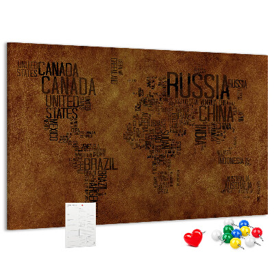 Tableau affichage liège Carte du monde avec les noms des pays.