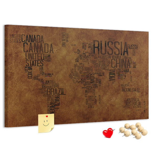 Tableau affichage liège Carte du monde avec les noms des pays.
