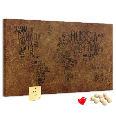 Tableau affichage liège Carte du monde avec les noms des pays.