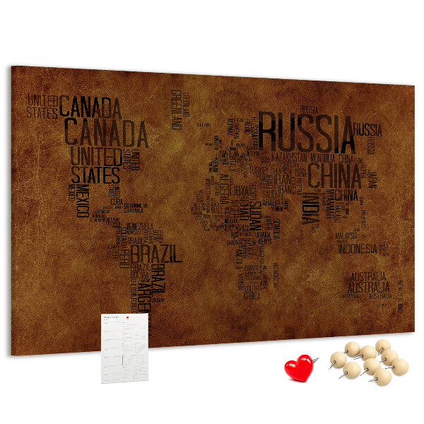 Tableau affichage liège Carte du monde avec les noms des pays.