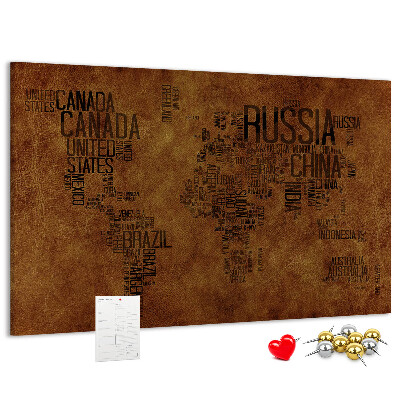 Tableau affichage liège Carte du monde avec les noms des pays.