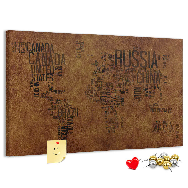 Tableau affichage liège Carte du monde avec les noms des pays.