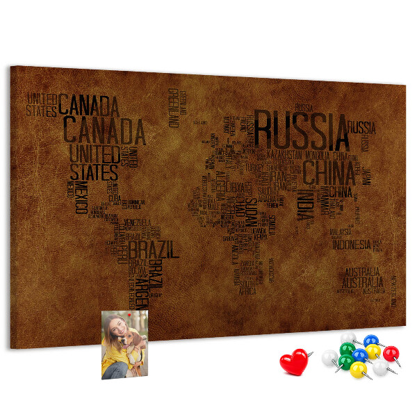 Tableau affichage liège Carte du monde avec les noms des pays.