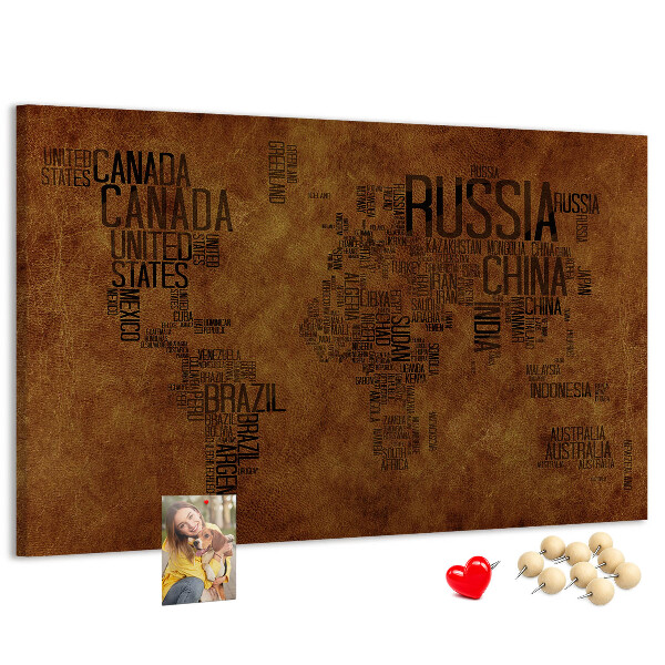Tableau affichage liège Carte du monde avec les noms des pays.