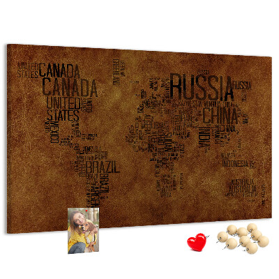 Tableau affichage liège Carte du monde avec les noms des pays.