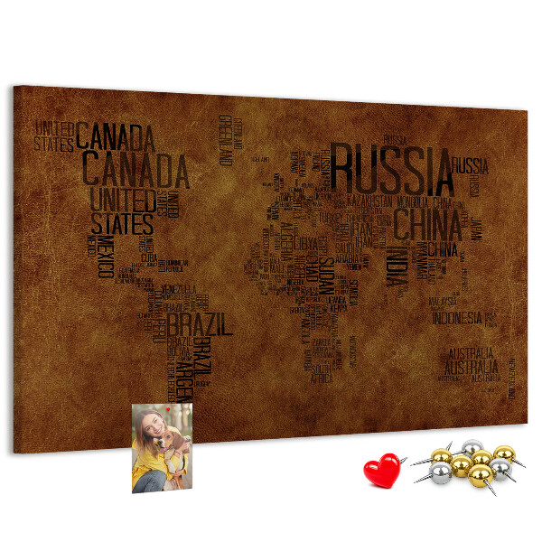 Tableau affichage liège Carte du monde avec les noms des pays.