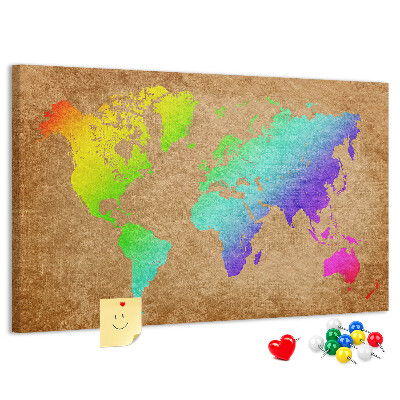 Tableau affichage liège Carte du monde colorée sur fond marron