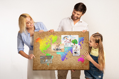 Tableau affichage liège Carte du monde colorée sur fond marron