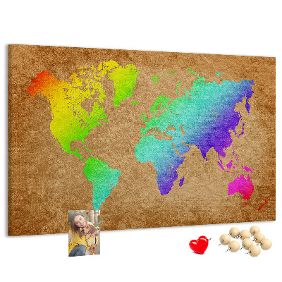 Tableau affichage liège Carte du monde colorée sur fond marron